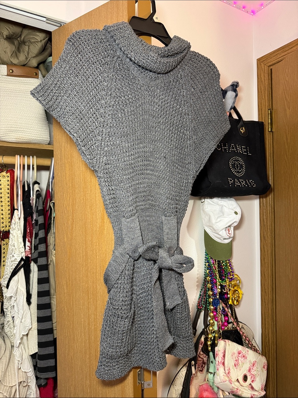 Say What? Gray Knit Turtleneck Poncho with Self-Tie Belt
